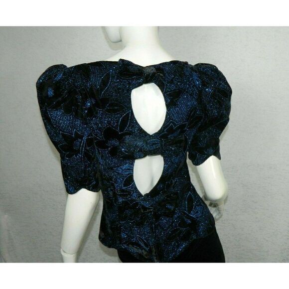 Jessica McClintock Dress Vintage Black Velvet Blue Sparkles Open Back Size 8 - Picture 8 of 13